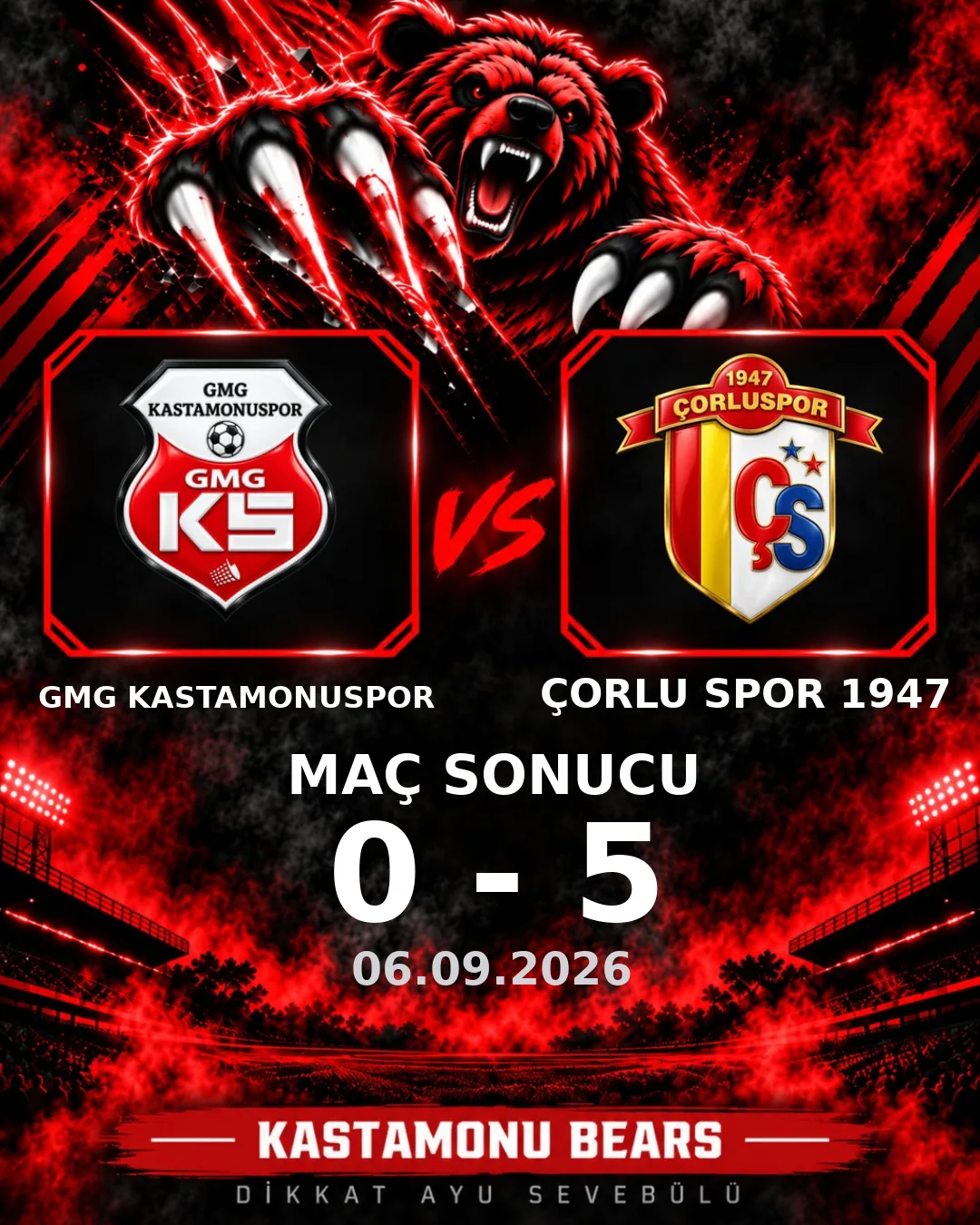 GMG KASTAMONUSPOR, ÇORLU SPOR 1947 karşısında mağlup: 0-5